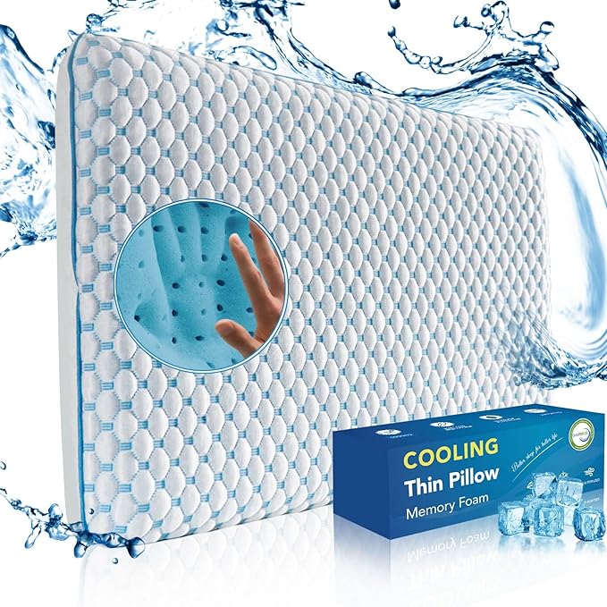 Thin Pillow for Sleeping, Cooling Gel Flat Pillow for Stomach and Back Sleepers, Ultra Slim Stomach Sleeping Pillows for Shoulder Neck Pain Relief, Low Profile Memory Foam Pillows 2.25-inches