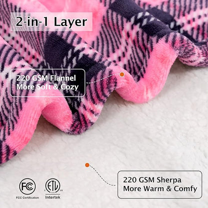 Electric Heated Blanket 84"x90",Fast Heating Queen with 8 Hours Auto Off/8 Heats Levels, Soft Pink Plaid Sherpa Electric Blanket with ETL Certification & Over-Heat Protection