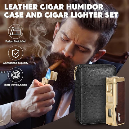 Scotte Cigar Humidor Box, Cigar Lighter Cedar Wood Lined Leather Cigar Case Built in Hygrometer & Humidifier, Torch Lighter with Cigar Holder Cigar Punch Portable Travel Cigar Humidor Kit (Black)