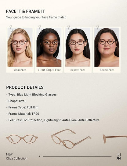 TIJN Olisa Blue Light Blocking Glasses for Women Men,Oval Glasses Frame Bluelight Glasses for Gaming/Computer/Screen