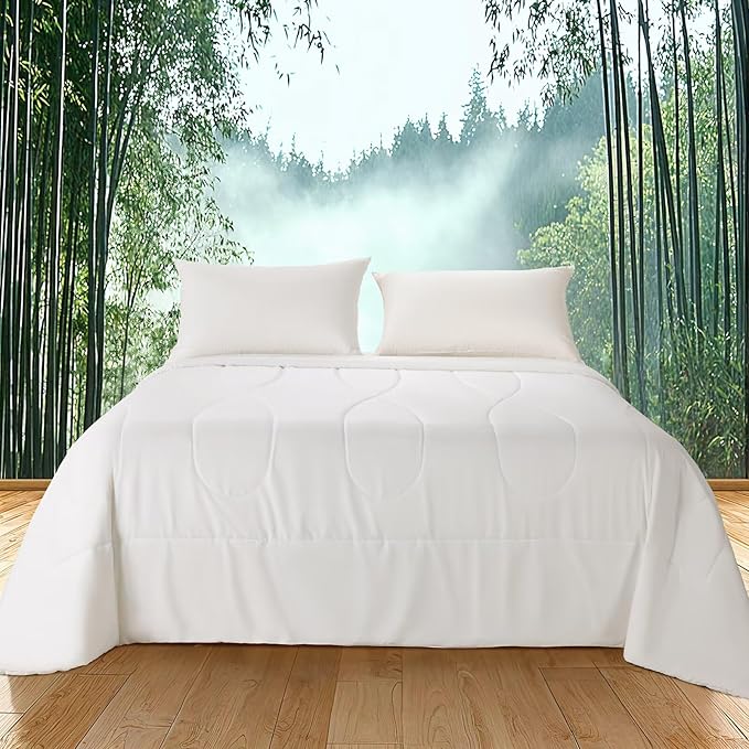 Rwlvpe Cooling Comforter Queen Size, 100% Rayon Derived from Bamboo Shell, Cooling Blanket for Hot Sleepers, Q-Max>0.48 Breathable Bamboo Fill Duvet Insert (90"x90", White)