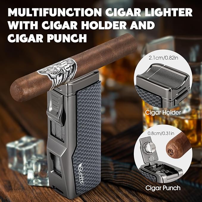 Scotte Cigar Humidor Box, Cigar Lighter Cedar Wood Lined Leather Cigar Case Built in Hygrometer & Humidifier, Torch Lighter with Cigar Holder Cigar Punch Portable Travel Cigar Humidor Kit (Grey)