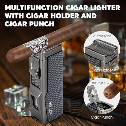 Scotte Cigar Humidor Box, Cigar Lighter Cedar Wood Lined Leather Cigar Case Built in Hygrometer & Humidifier, Torch Lighter with Cigar Holder Cigar Punch Portable Travel Cigar Humidor Kit (Grey)