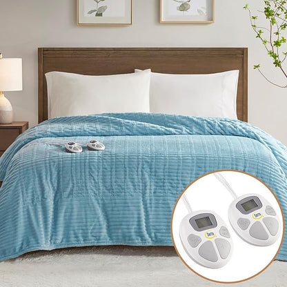 Serta Electric Blanket, Soft, Ribbed, Plush Heating Blanket King for Office, Couch, 1-12 hr Auto Shut Off Timer, 10 Lv Heating, ETL Certified, King 100"x90" Sky Blue