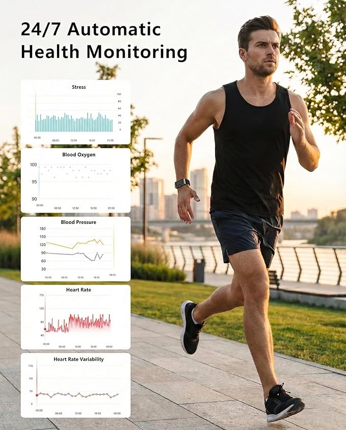 Smart Bracelet for Men Women, Health Activity Fitness Trackers, 24/7 Continuous Heart Rate/Blood Pressure/HRV/Stress Monitor, 24H Sleep Tracker, 170+ Sports Modes Smart Wristband with Free APP 2 Bands