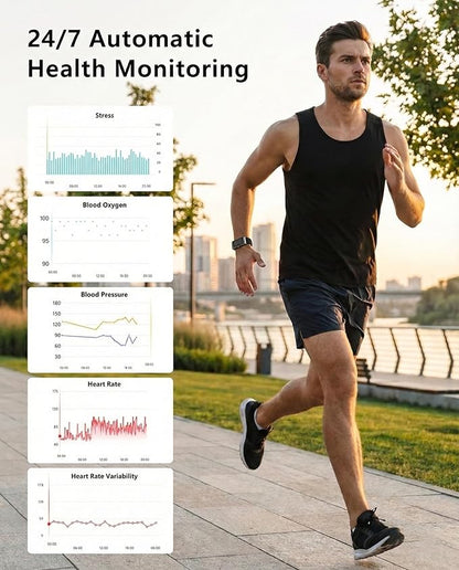 Smart Bracelet for Men Women, Health Activity Fitness Trackers, 24/7 Continuous Heart Rate/Blood Pressure/HRV/Stress Monitor, 24H Sleep Tracker, 170+ Sports Modes Smart Wristband with Free APP 2 Bands