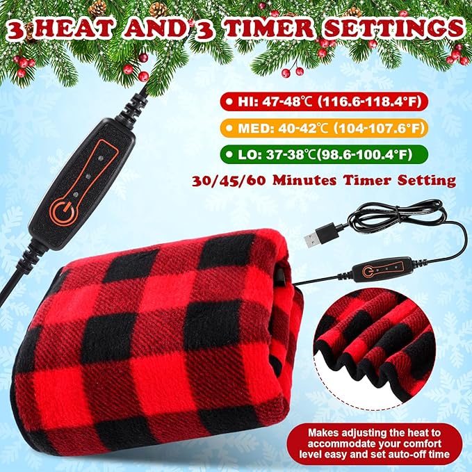 Tuanse 2 Pcs USB Heated Blanket 25"x35" Small Portable 5v 3 Setting Electric Blanket with Timer and Temperature Controller Winter Wearable Recharge Throw for Travel Home(Single Red and Black Plaid)