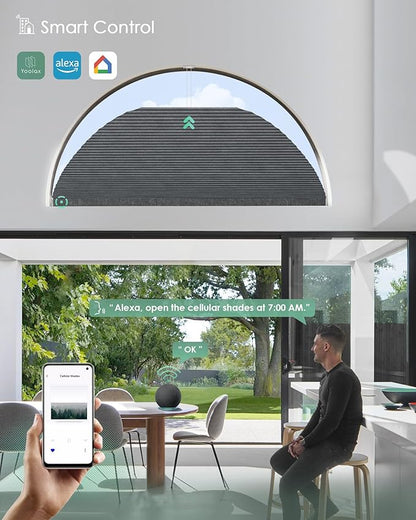 Yoolax Smart Cellular Shades, Motorized Arch Window Honeycomb Blinds Motorized Blinds with Remote Compatible with Alexa, Customized Arched Cellular Shades (Blackout Texture Dark Grey)