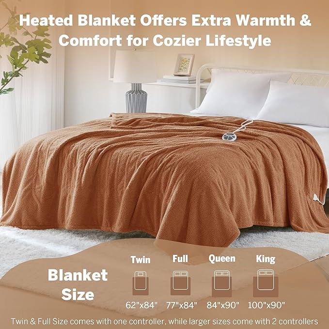 Serta Heated Blanket, Electric Twin Size Blanket, Soft, Warm, Fuzzy Heating Blanket Twin for Office, Couch, 1-12 hr Auto Shut Off Timer, 10 Lv Heat Setting, ETL Certified, Twin 62" x 84" Rust