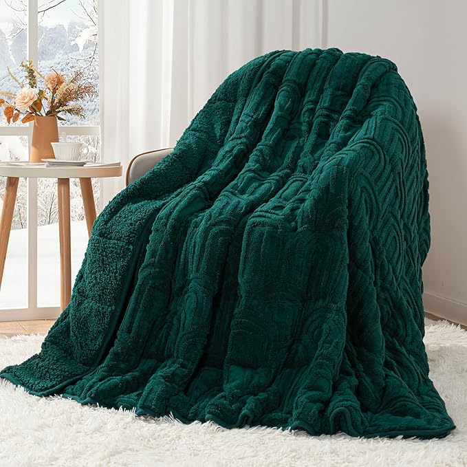 Cottonblue Jacquard Weighted Blanket for Adults 15 lbs Twin Size, Cozy Fluffy Sherpa Fleece Weighted Throw Blankets 48" x 72" for Sleep Relax, Fuzzy Warm Arch Heavy Blanket Soft for Bed Couch, Green