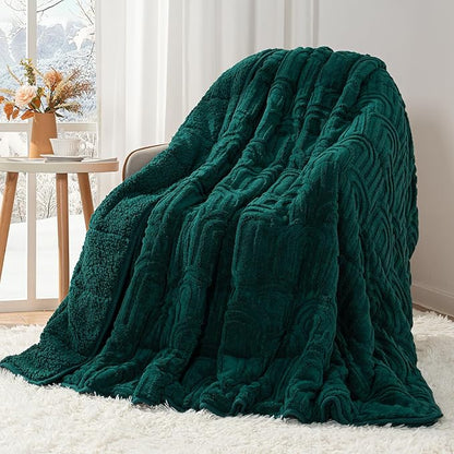 Cottonblue Jacquard Weighted Blanket for Adults 15 lbs Twin Size, Cozy Fluffy Sherpa Fleece Weighted Throw Blankets 48" x 72" for Sleep Relax, Fuzzy Warm Arch Heavy Blanket Soft for Bed Couch, Green