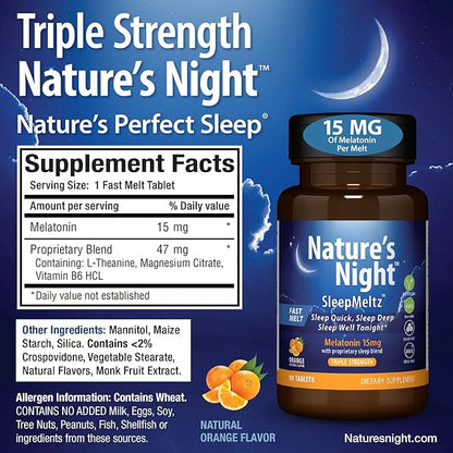 Zero Brands Nature's Night Triple Strength Quick Dissolve Melatonin 15mg with Supportive Blend | Natural Orange Flavor | 90 Count | Sugar Free, Vegan, Non-GMO, Drug Free