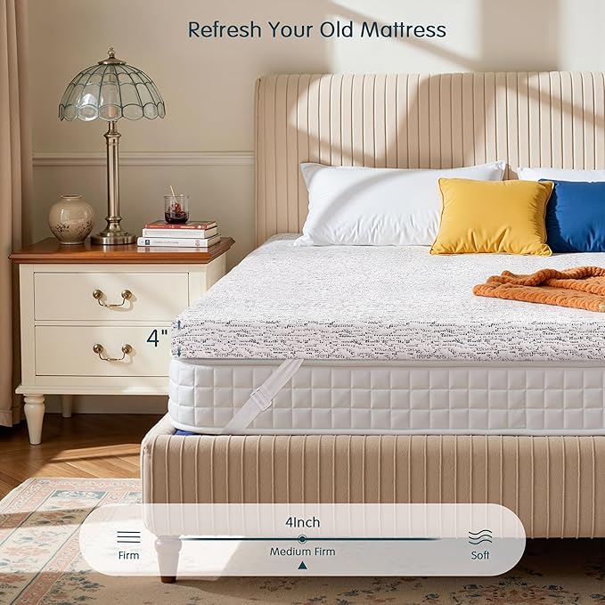 SyMax Memory Foam Mattress Topper, Gel Infused Foam Topper, Breathable Bed Topper with Cover, Pressure Relieving, CertiPUR-US Certified, 4 Inch(Grey Cover), Queen Size