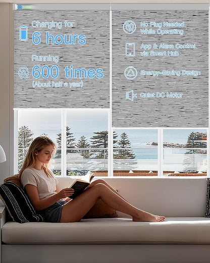Motorized Light Filtering Roller Shades with Remote Control, Smart Blinds for Windows Work with Alexa Google via Hub, Rechargeable Electric Window Shade Customized Size (Texture Black Grey)