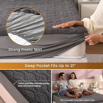 Bearhug Heated Electric Mattress Pads Queen Size Dual Controllers Bed Warmer Sherpa 21” Deep Pocket 10 Heat Settings 12-Hour Timer Machine Washable Gray 60”×80”