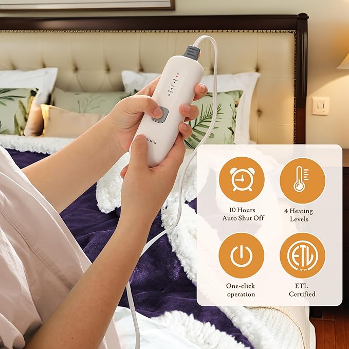 Electric Heated Blanket 62"x84" Twin Size Flannel & Sherpa - 4 Heat Settings & 10H Auto Shut Off for Safe Overnight Use, Fast Heating, Machine Washable for Bed, Couch, Office - Purple