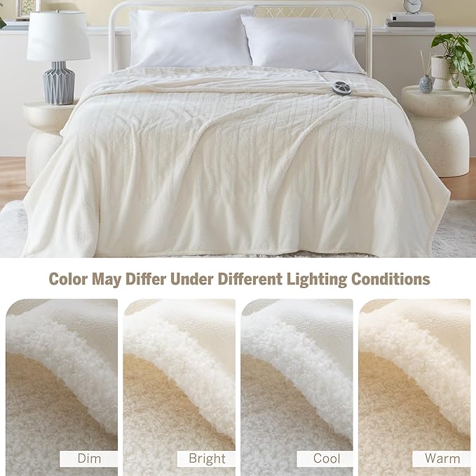 Serta Heated Blanket, Electric Twin Size Blanket, Soft, Warm, Fuzzy Heating Blanket Twin for Office, Couch, 1-12 hr Auto Shut Off Timer, 10 Lv Heat Setting, ETL Certified, Twin 62" x 84" Ivory
