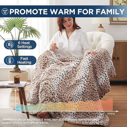 Westinghouse Heated Throw Blanket, Leopard Electric Throw Blanket, Luxury Faux Fur to Flannel Reversible, 6 Heating Levels & 2-10 Hours Time Setting, Machine Washable(Throw, 50"x60")