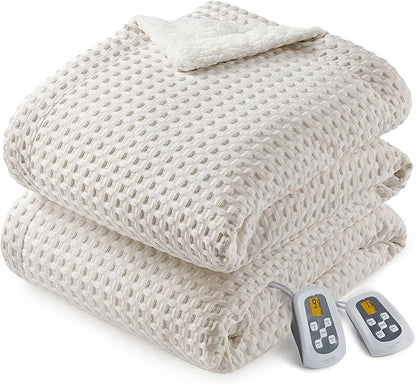 CAROMIO Heated Blanket Queen Size with LCD Dual Controller, Waffle Weave Fast Heating Electric Blankets, 10 Heat Levels & 1-12H Time Settings, ETL Certified, Machine Washable, Beige, 84" x 90"