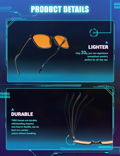 TIJN Blue Light Blocking Glasses for Men Women - Dual AR Coatings Amber Lens for Computer Gaming - Screen Fatigue & UV Protection - 2 Pack