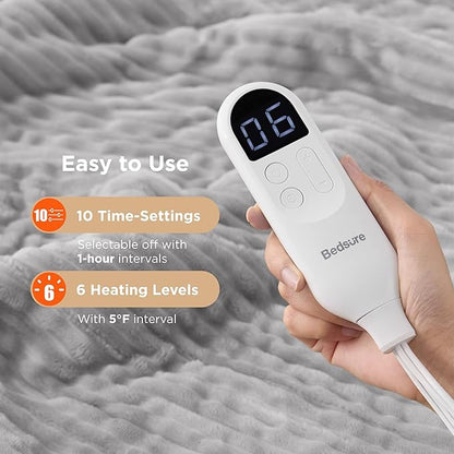 Bedsure GentleSoft Electric Blanket Full Size - Soft Ribbed Flannel Heated Blanket with 6 Heat Settings, Heating with 10 Time Settings, 8 hrs Timer Auto Shut Off (72x84 inches, Light Grey)