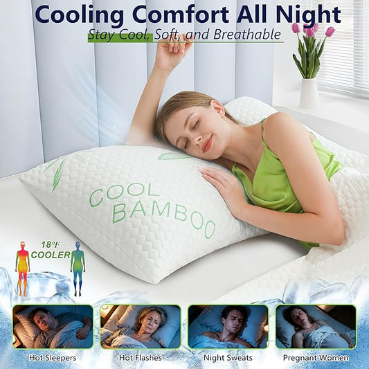 Cooling Pillows, Shredded Memory Foam Pillows Standard Size Set of 2 Adjustable Firm Bamboo Bed Pillows for Hot, Side, Back and Stomach Sleepers