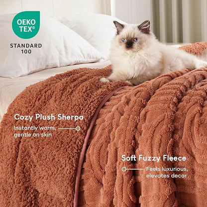 Cottonblue Jacquard Weighted Blanket for Adults 15 lbs Queen Size, Cozy Fluffy Sherpa Fleece Weighted Throw Blankets 60" x 80" for Sleep Relax, Fuzzy Warm Arch Heavy Blanket for Bed Couch, Rust Pink