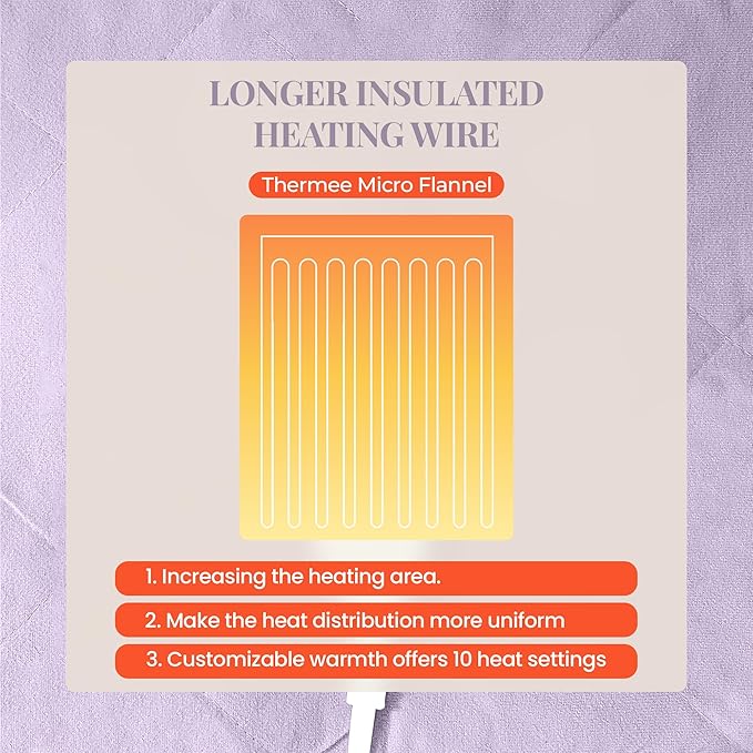 Thermee Micro Flannel Blanket Queen Size Heated Blanket with 10 settings, Programable Heating Blanket, Luxuriously Soft Heated Throw Blanket, Rapid Heating Thermal Blanket, Warm Blanket - Lilac