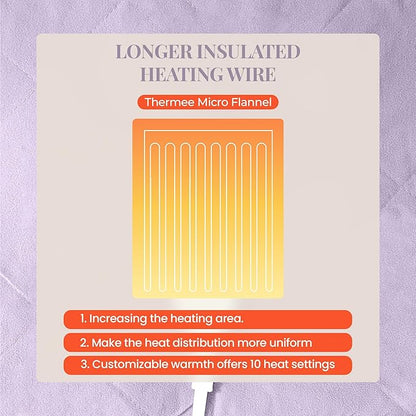 Thermee Micro Flannel Blanket Full Size Heated Blanket with 10 settings, Programable Heating Blanket, Luxuriously Soft Heated Throw Blanket, Rapid Heating Thermal Blanket, Warm Blanket - Lilac