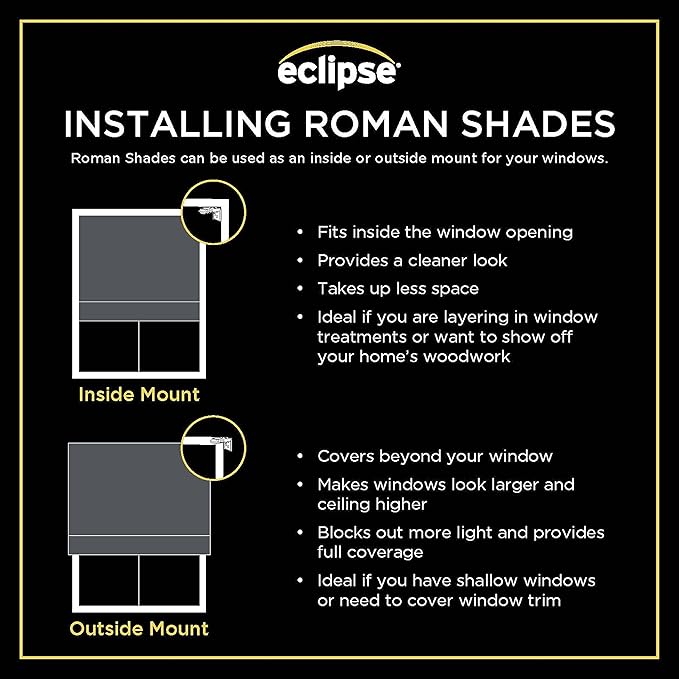 Eclipse Kylie 100% Blackout Window Roman Shade, 23 in Wide x 64 in Long, Cordless, Thermal and Noise Reducing Interior Shade Window Treatment for Home Privacy & Energy-Efficiency, Black