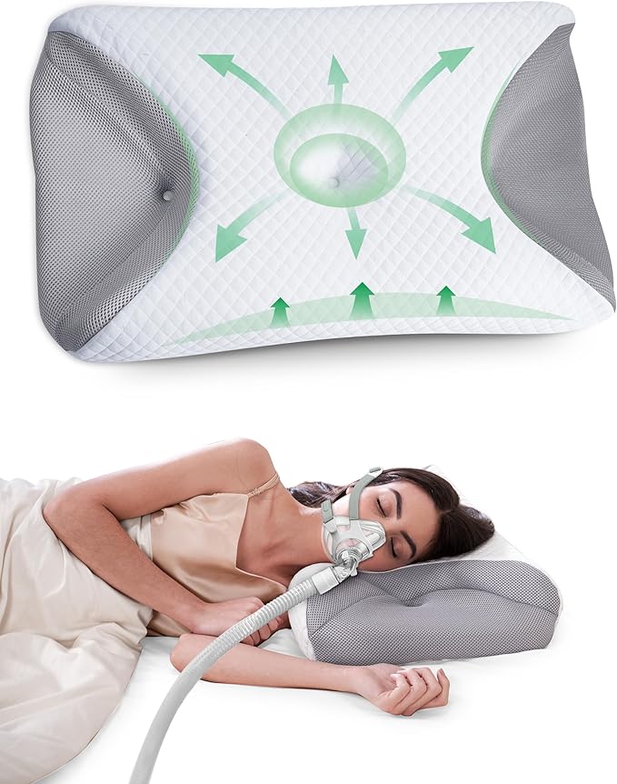 Cervical Neck CPAP Pillow for Side Sleepers – Ergonomic Memory Foam Bed Pillow for Neck Pain Relief with Mask Cutouts to Reduce Air Leaks & Facial Pressure, Fits All CPAP Mask Types