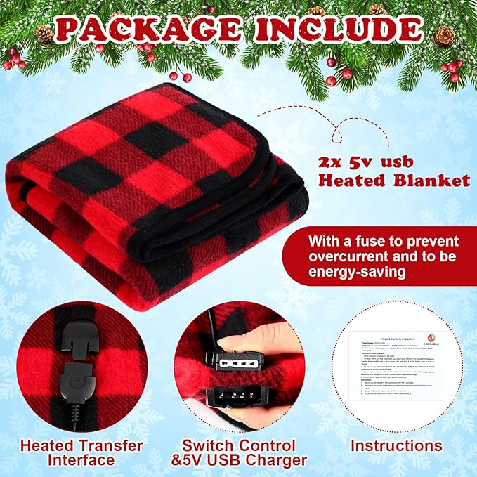 Tuanse 2 Pcs USB Heated Blanket 25"x35" Small Portable 5v 3 Setting Electric Blanket with Timer and Temperature Controller Winter Wearable Recharge Throw for Travel Home(Red and Black Plaid)