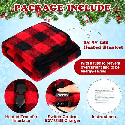 Tuanse 2 Pcs USB Heated Blanket 25"x35" Small Portable 5v 3 Setting Electric Blanket with Timer and Temperature Controller Winter Wearable Recharge Throw for Travel Home(Red and Black Plaid)