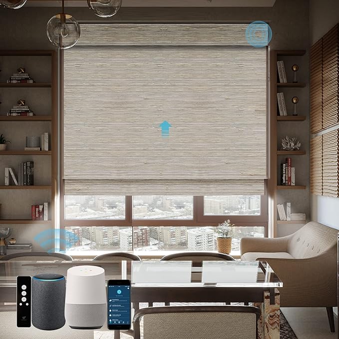 SmartWings Motorized Natural Woven Wood Shades for Windows Work with Matter Homekit Z-Wave Alexa Google, 50%/70%/100% Blackout Electric Auto Roman Shades Cordless Remote Control Customized, Linen 004
