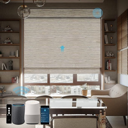 SmartWings Motorized Natural Woven Wood Shades for Windows Work with Matter Homekit Z-Wave Alexa Google, 50%/70%/100% Blackout Electric Auto Roman Shades Cordless Remote Control Customized, Linen 004