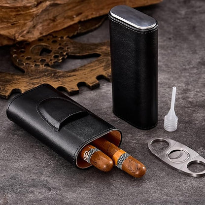 Leather Cigar Case, Travel Humidor Set, 3 Pack Black Cedar Wood Box with Cigar Cutter & Towel, Gift for Men, Portable Cigar Holder for Home & Travel, Mirror Base humidifiers Box Accessories
