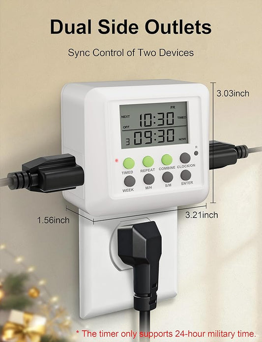 2 x NOVKIT 3-in-1 Dual Outlet Timer Plug with Interval Cycle for Indoor, 7 Day 24 Hour Programmable Digital Repeat Timer Switch(15A, 1875W)
