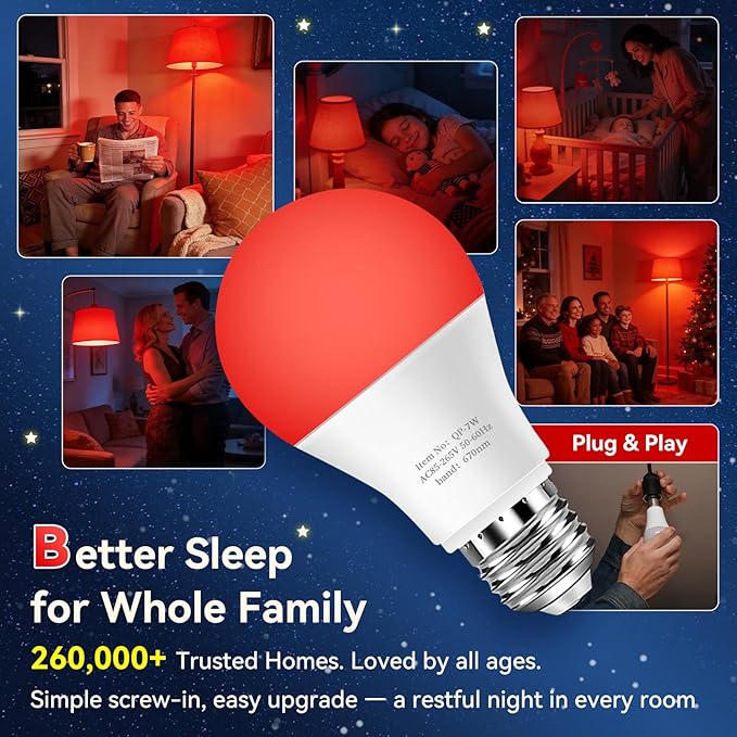 Neporal 7W 670nm Red Light Bulbs for Sleep - 100% Blue Light Blocking Bulbs for Melatonin Promote, A19 50W Equivalent Dim LED Red Light Bulb for Lamps, Bedroom Sleeping, Reading, Baby Nursery, 3-Pack