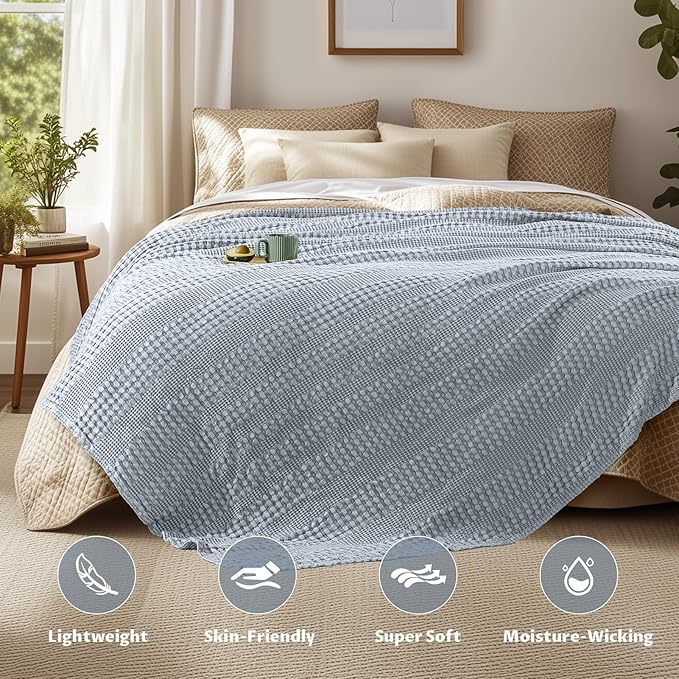 Cooling Waffle Weave Blanket Twin Size for Bed Sofa - Soft Lightweight Bed Blankets of 50% Rayon Derived from Bamboo for Hot Sleepers, Breathable Throw for Summer, Light Blue, 60"x80"