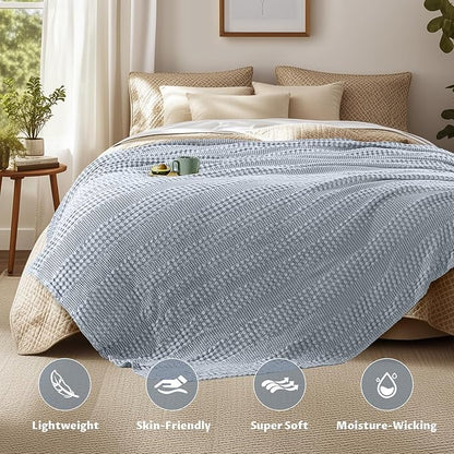Cooling Waffle Weave Blanket Twin Size for Bed Sofa - Soft Lightweight Bed Blankets of 50% Rayon Derived from Bamboo for Hot Sleepers, Breathable Throw for Summer, Light Blue, 60"x80"