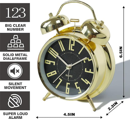Super Loud Alarm Clock for Heavy Sleepers Adults,Twin Bell Retro 4 Inch Silent Non-Ticking Quartz with Backlight, Metal dial, Alarm Clocks for Bedrooms Bedside(Gold- Black)