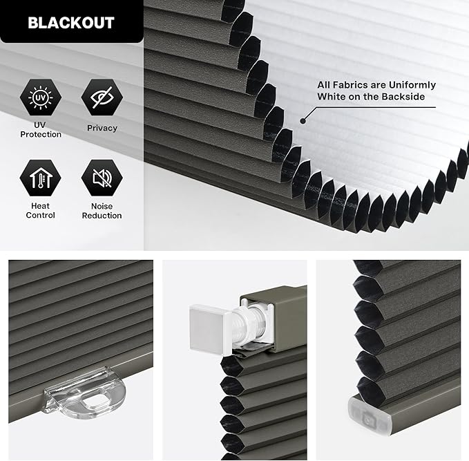 LazBlinds Cordless Cellular Shades, No Tools No Drill Blackout Honeycomb Shades Pleated Blinds for Windows, 39" W x 64" H, Midnight Black