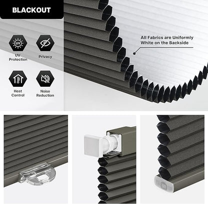 LazBlinds Cordless Cellular Shades, No Tools No Drill Blackout Honeycomb Shades Pleated Blinds for Windows, 26" W x 64" H, Midnight Black