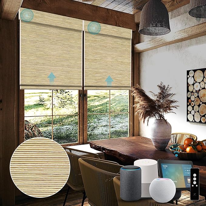 SmartWings Motorized Natural Woven Wood Shades Work with Matter Thread Homekit Z-Wave Alexa Google, 50%/70%/100% Blackout Electric Auto Roman Shades Cordless Remote Control Customized, Bamboo 019