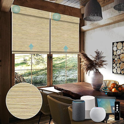 SmartWings Motorized Natural Woven Wood Shades Work with Matter Thread Homekit Z-Wave Alexa Google, 50%/70%/100% Blackout Electric Auto Roman Shades Cordless Remote Control Customized, Bamboo 019