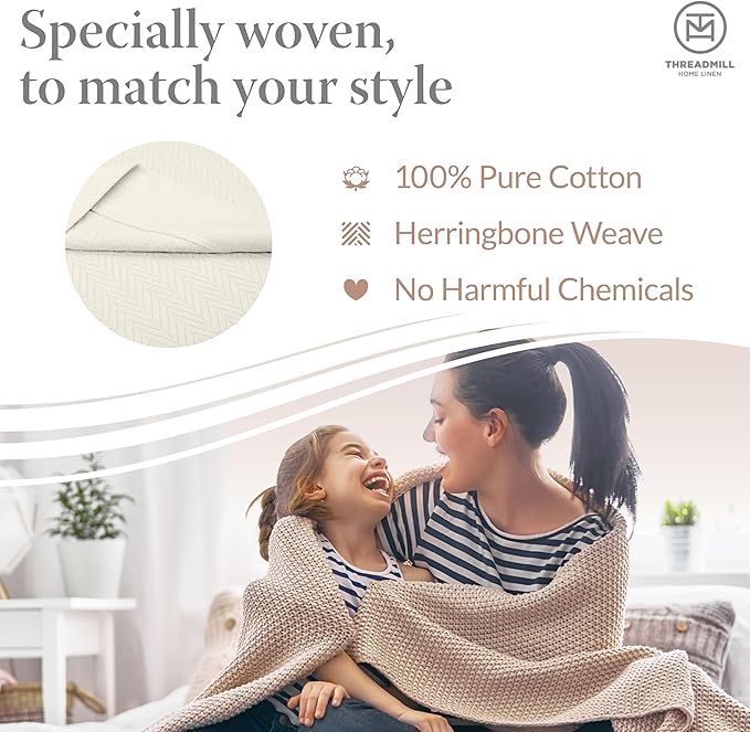 Threadmill Luxury Cotton Blankets for Queen Size Bed | All-Season 100% Cotton Queen Size Blanket | Herringbone Cozy, Soft Breathable Fall Thermal Blanket fits Full Size Bed | Tusk White