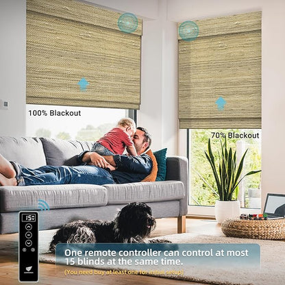 SmartWings Motorized Natural Woven Wood Shades for Windows, Electric Roman Shades with Remote for Bedroom Living Room, Work with Matter Zigbee Alexa Z-Wave Google Home, Customized, Ramie 390