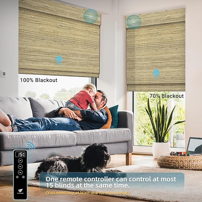 SmartWings Motorized Wood Blinds Smart Wooven Shades Blackout/Light fitlering for Windows, with Remote for Bedroom Living Room, Work with Matter Zigbee Alexa Z-Wave Google Home, Customized, Ramie 390