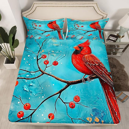 Red Bird Bed Sheet Set for Kids,Winter Plum Blossom Garden Parrot Sheets Set,Rustic Farmhouse Animal Natural Blue Home Decor Sheet Sets with Deep Pocket,Top Flat Sheet,Twin Size