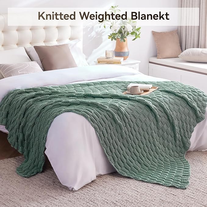 Knitted Weighted Blanket Kids, No Beads Heavy Blanket 40” x 60'' 7lbs, Breathable Chunky Knit Blanket, Cooling Weighted Blanket for Hot Sleepers, Christmas Home Decor (Light Green)